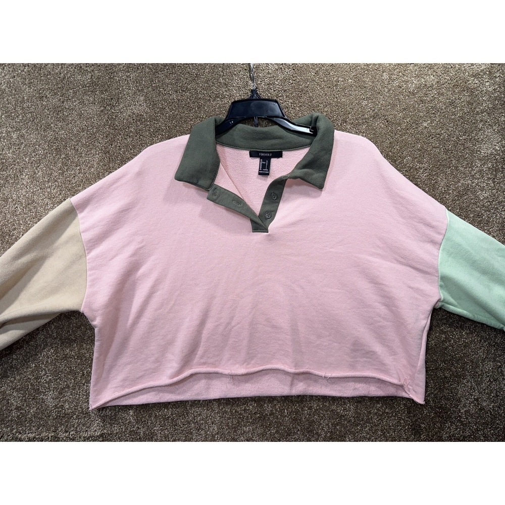 Forever 21‎ Cropped Long Sleeve Polo Shirt Size Large - Multicolor